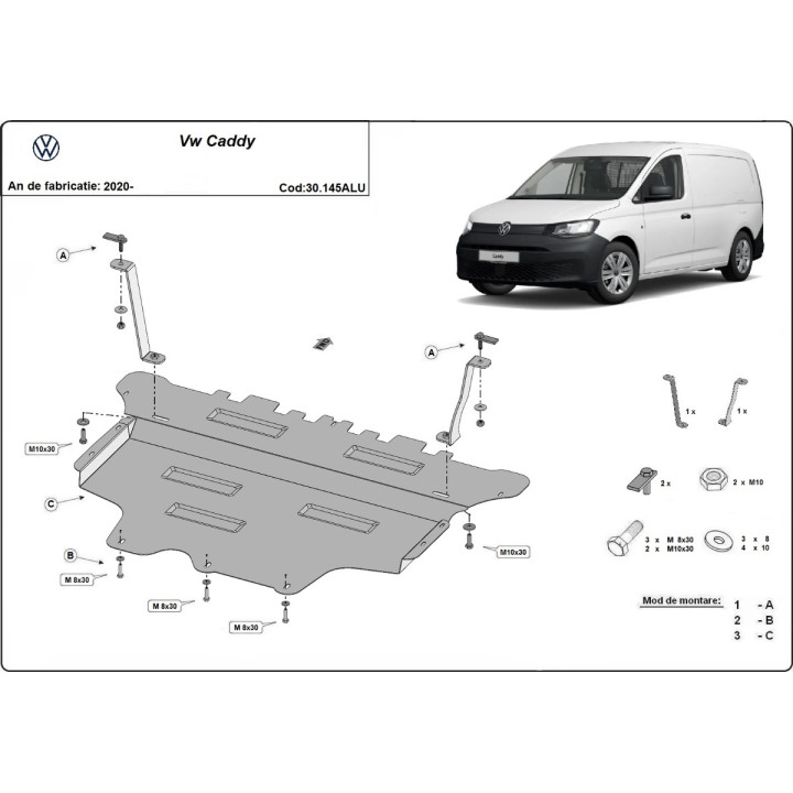 Aluminium Skid Plate for Engine, Scut Protection, Volkswagen Caddy 2020 - Present - EDK.ro